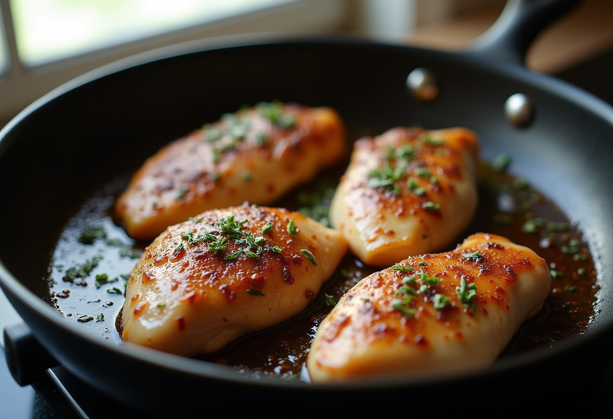 Perfectly cooked marinated chicken breasts being sautéed in a skillet, essential for flavorful Mediterranean Chicken Gyros with a burst of spices.