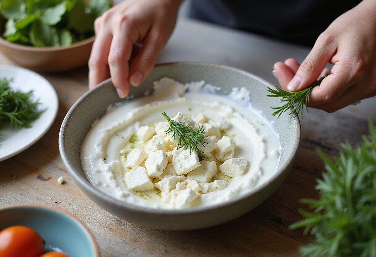 Creamy feta tzatziki sauce being prepared with Greek yogurt, feta, and herbs, a key complement to Mediterranean Chicken Gyros.