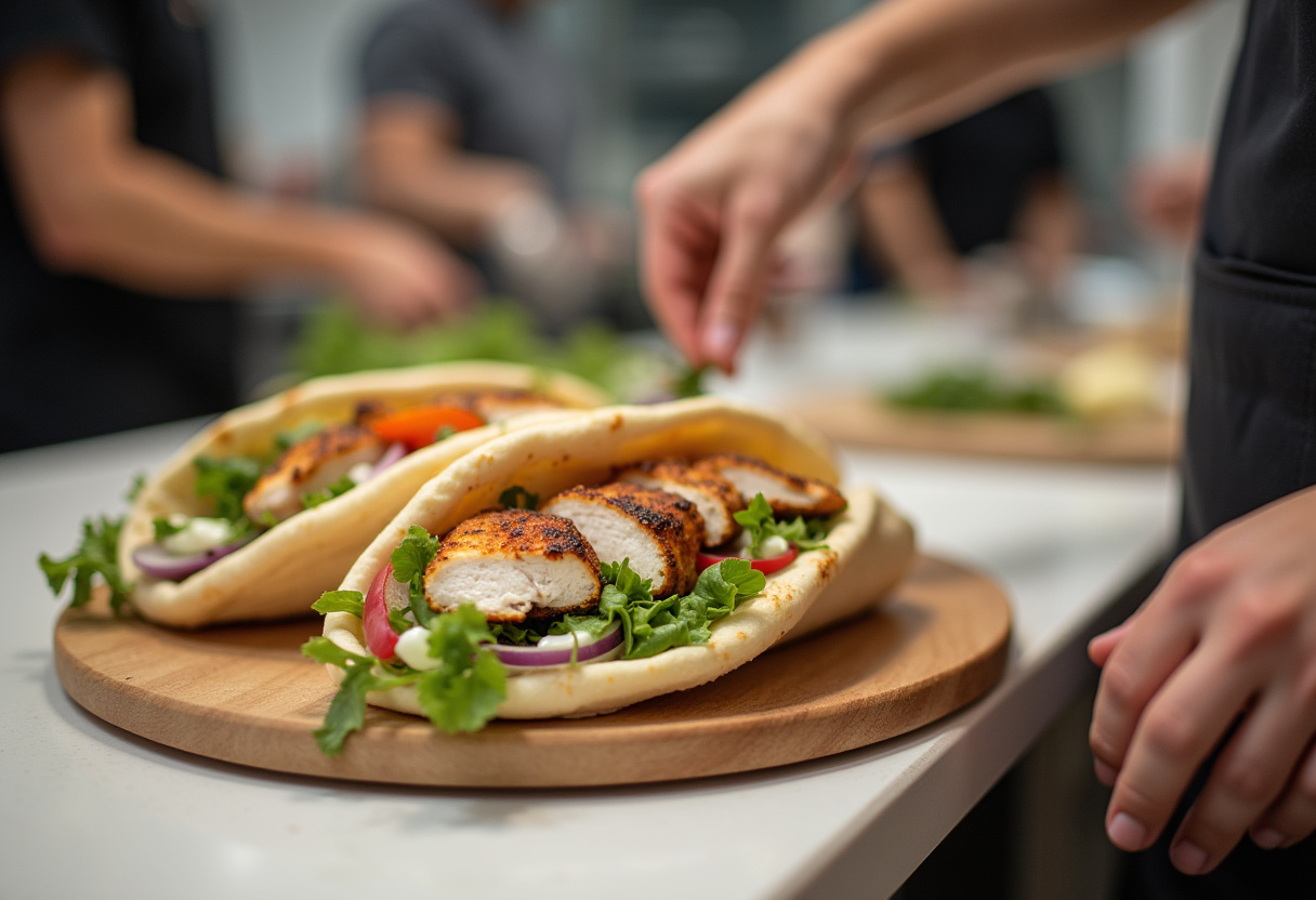 Assembling Mediterranean Chicken Gyros with grilled chicken, fresh veggies, and creamy feta tzatziki in warm pita bread, ready for serving.