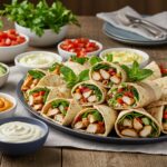 Final presentation of Mediterranean chicken wraps on a platter with side salads and dips, ideal for a wholesome meal.