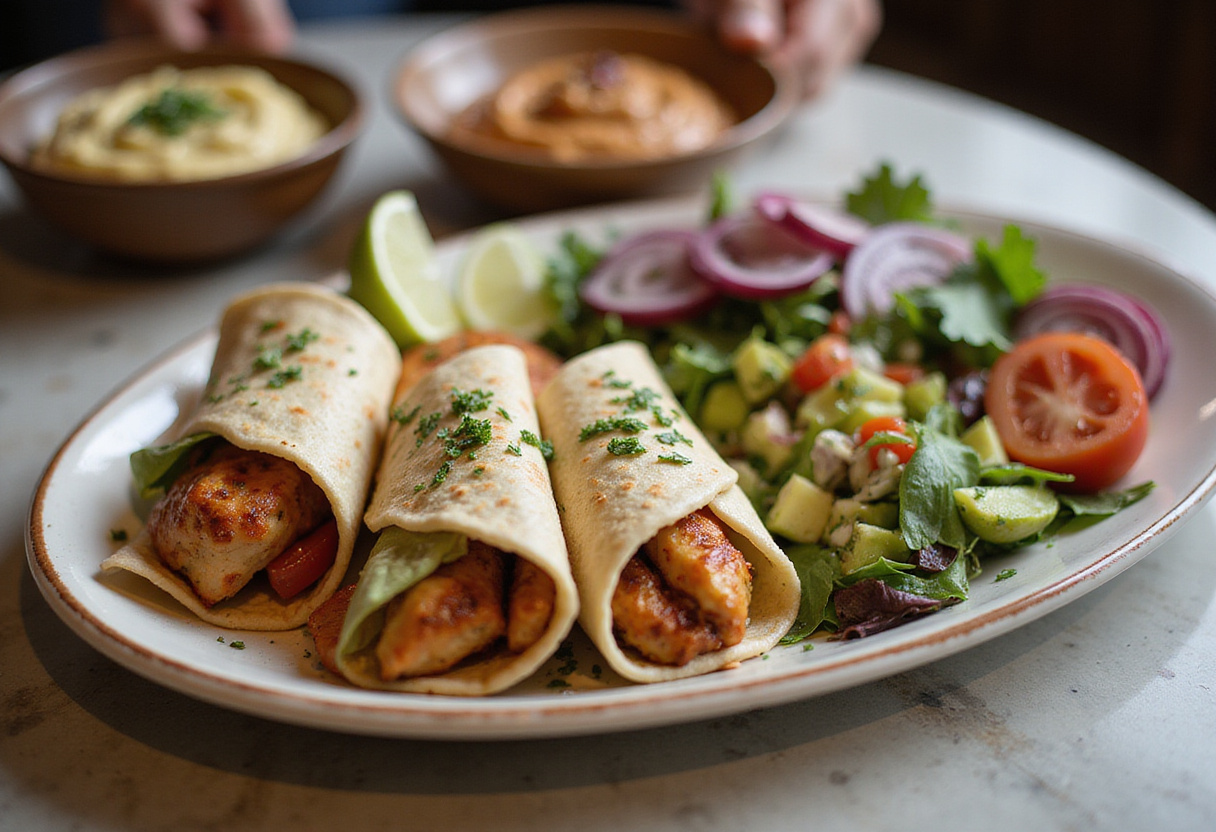 Final presentation of Mediterranean chicken wraps on a platter with side salads and dips, ideal for a wholesome meal.