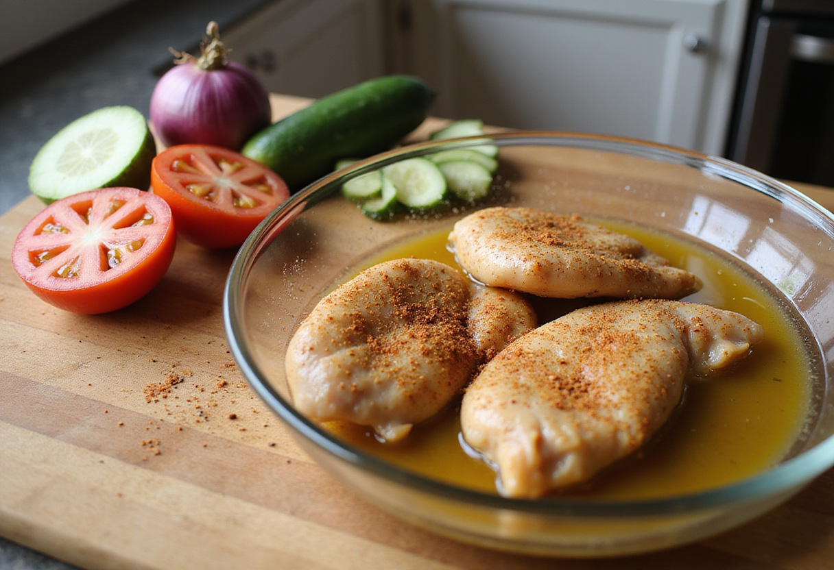 Mediterranean chicken wrap preparation with marinated chicken breast and fresh vegetables like tomatoes and cucumbers on a cutting board.
