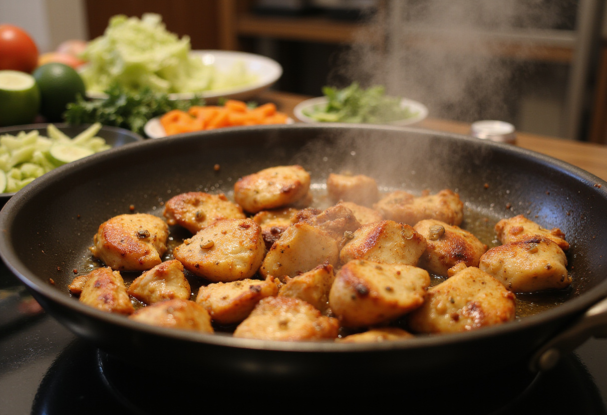 Cooking marinated chicken breast in a skillet for Mediterranean chicken wraps, surrounded by fresh vegetables like peppers and onions on the stove.