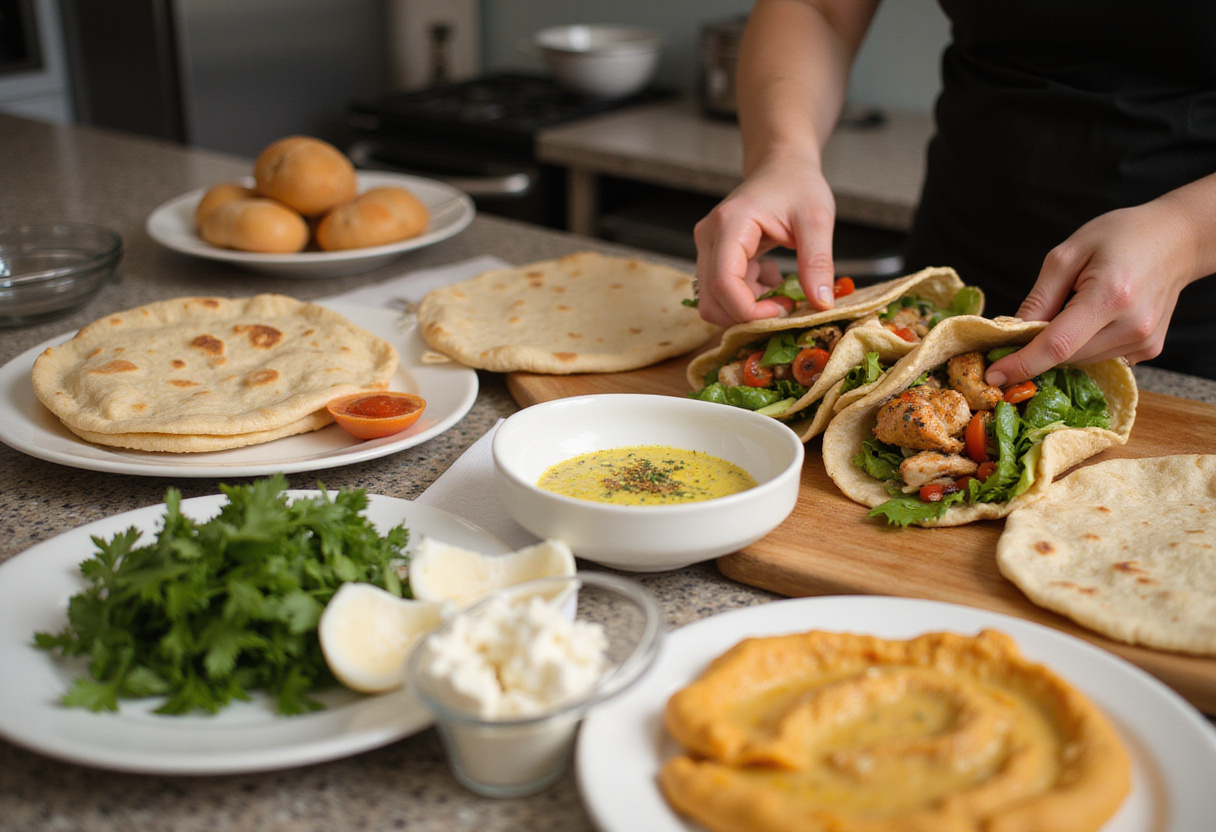 Assembling Mediterranean chicken wraps on a countertop with flatbread, hummus, grilled chicken, and fresh vegetables.