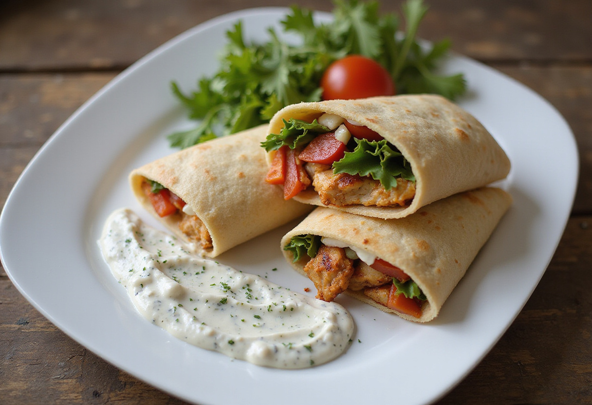 Delicious Mediterranean chicken wrap served with tzatziki sauce on a wooden table, showcasing fresh ingredients and textures.
