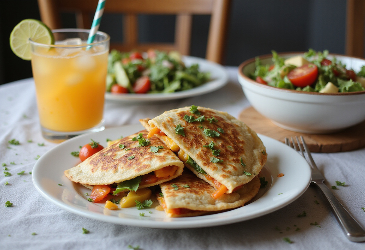 Final display of Mediterranean Quesadillas on a dining table, accompanied by fresh salad and a drink, perfect for a delightful meal.