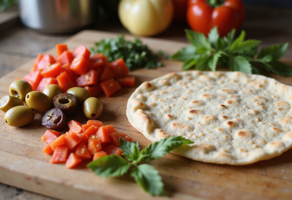 Mediterranean Quesadillas ingredients on wooden countertop, featuring diced tomatoes, olives, bell peppers, and herbs for a flavorful dish.