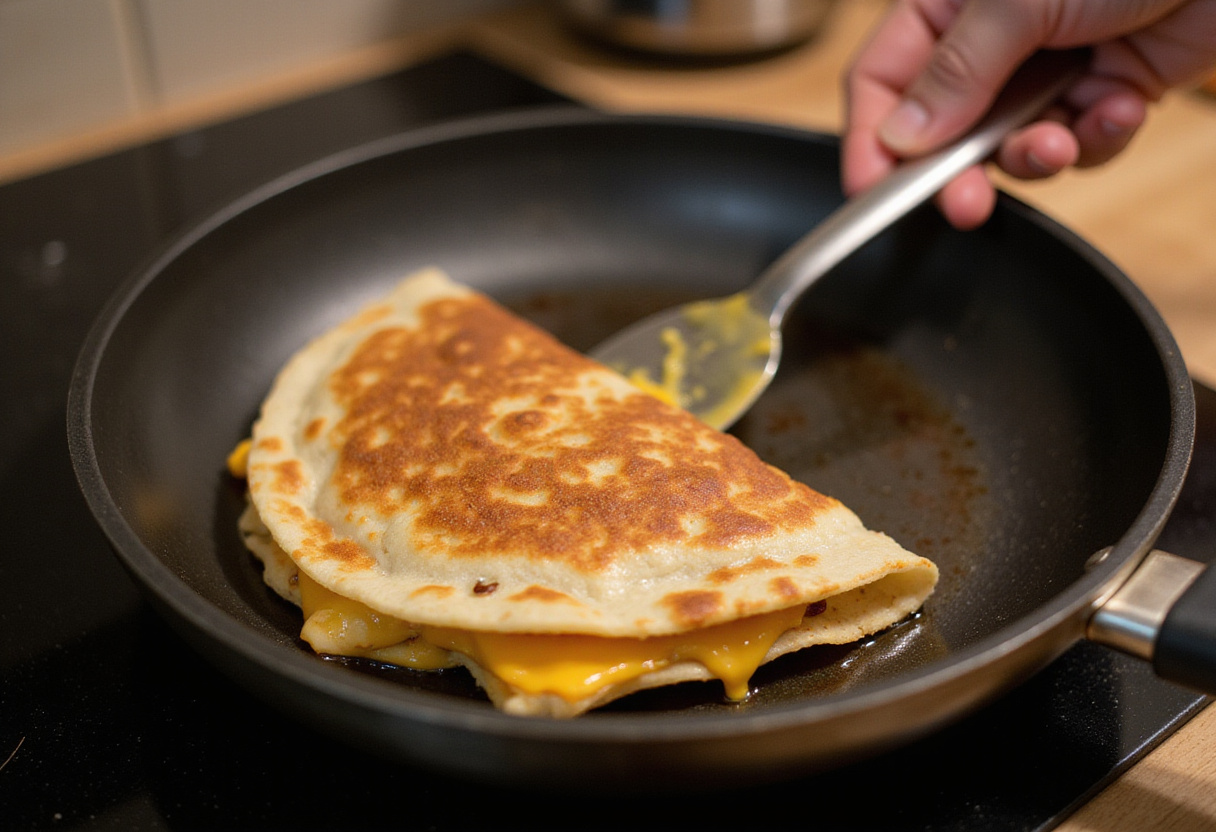 Flipping a golden-brown Mediterranean Quesadilla in skillet, with melted cheese and vibrant fillings, showcasing the cooking process in a warm kitchen.