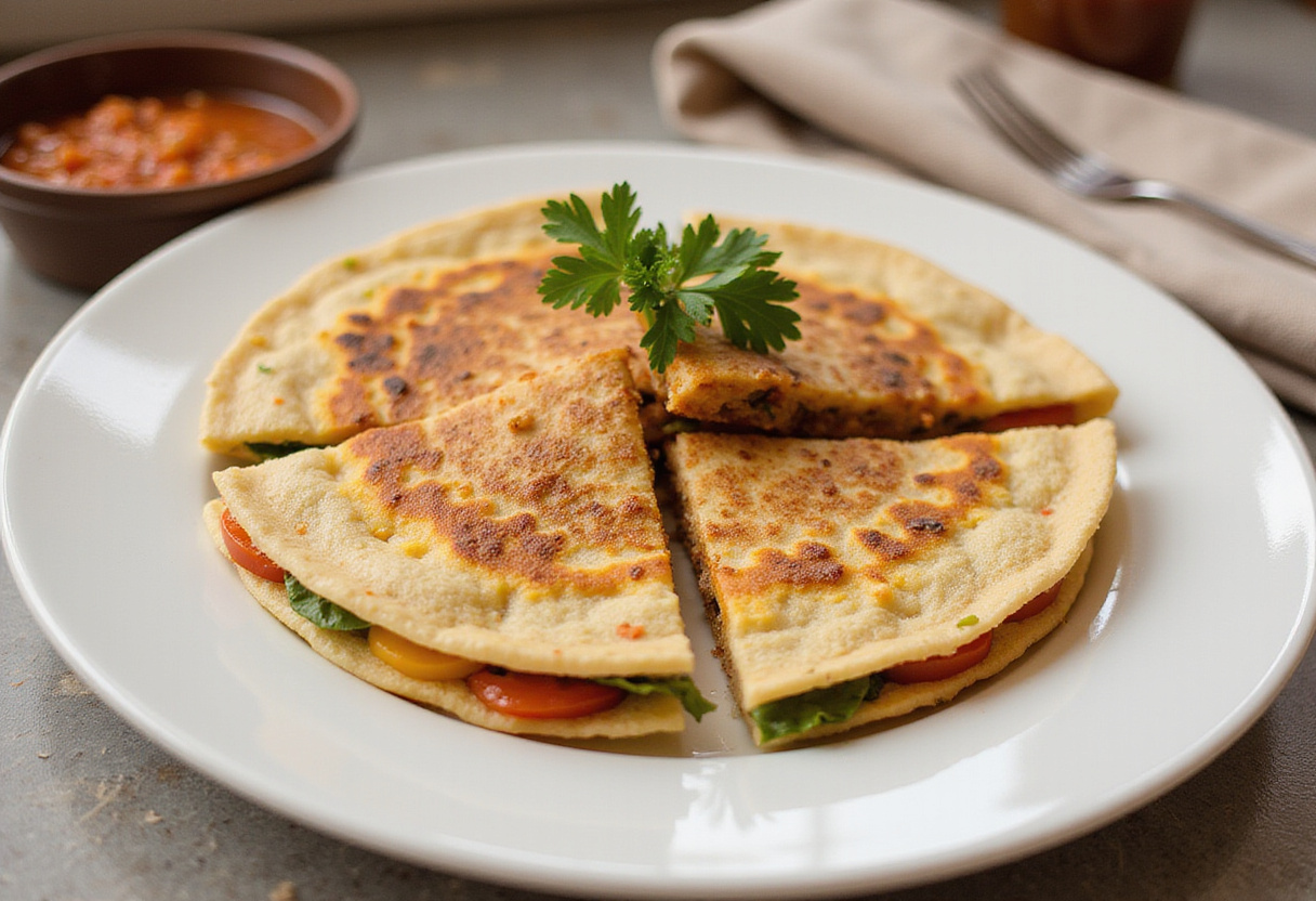 Deliciously presented Mediterranean Quesadillas on a plate, cut into triangles and garnished, ready to be enjoyed with salsa on the side.