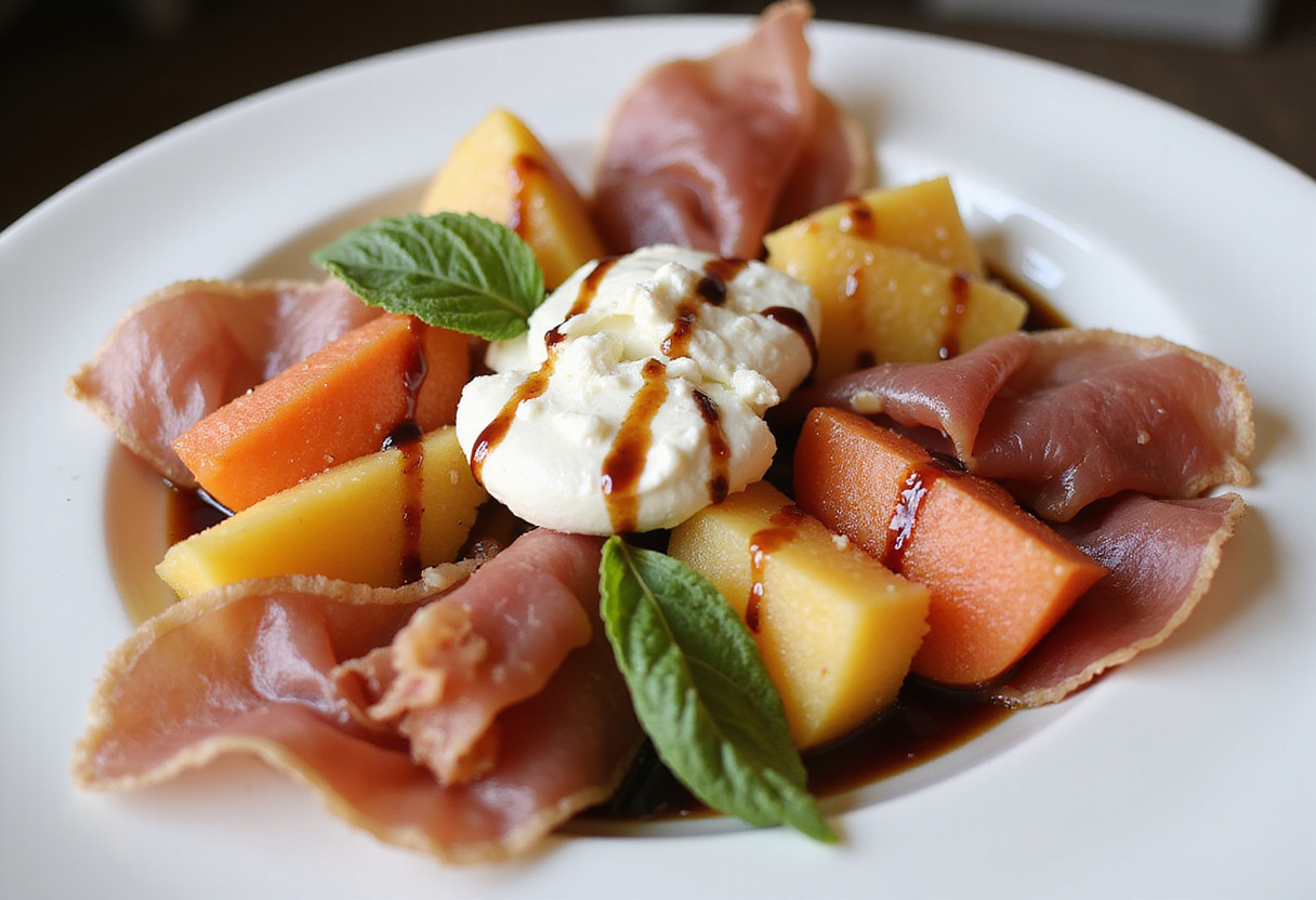 Final presentation of a melon-burrata-prosciutto salad, elegantly plated with colorful ingredients and a touch of balsamic glaze.
