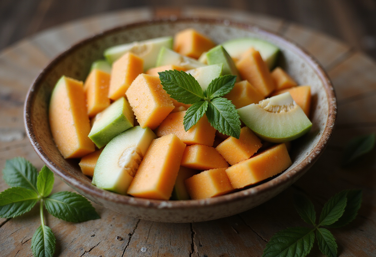 Fresh melon salad preparation with ripe melons, cantaloupe, and honeydew cubes for a refreshing melon-burrata-prosciutto salad.
