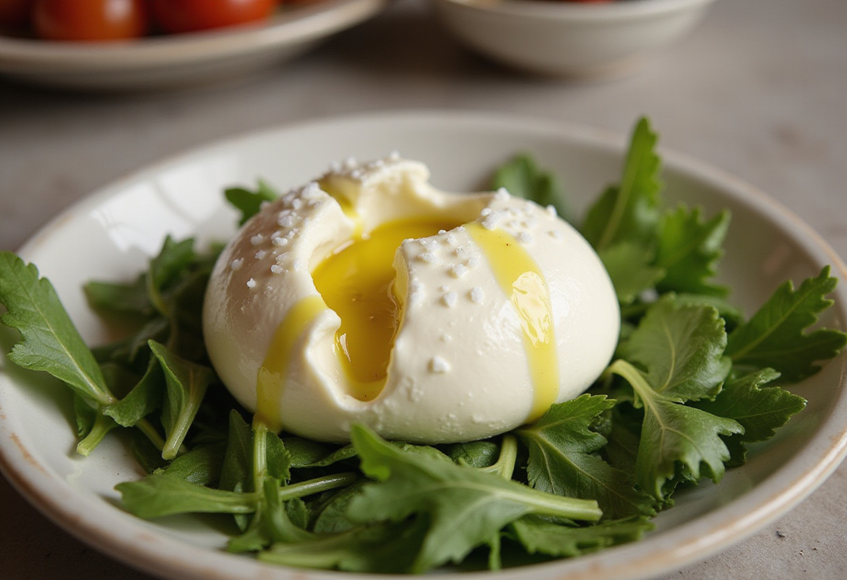 Creamy burrata cheese prepared for melon-burrata-prosciutto salad, garnished with olive oil and fresh arugula.