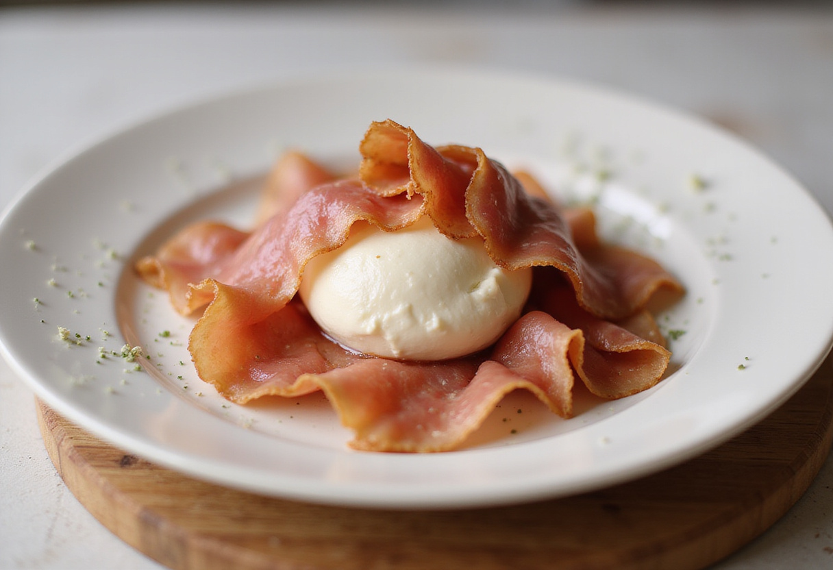 Delicate prosciutto arranged over burrata cheese for a delicious melon-burrata-prosciutto salad.