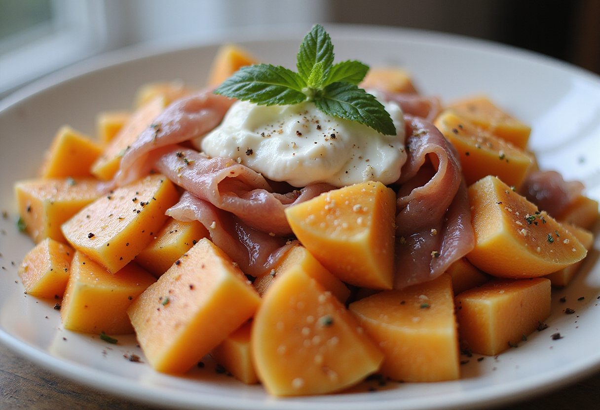 Colorful melon-burrata-prosciutto salad mixture ready to serve, featuring fresh melon, creamy burrata, and savory prosciutto.