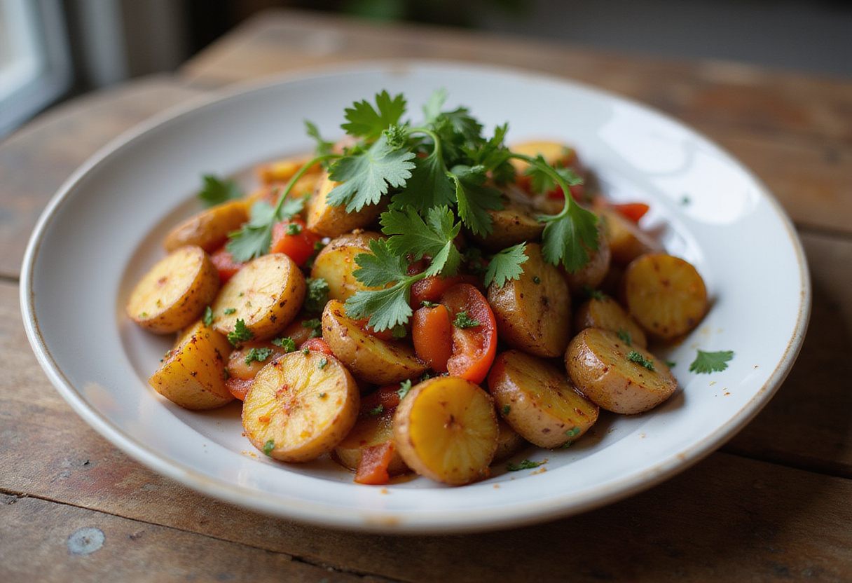 Final presentation of delicious Mexican Potatoes, garnished with cilantro, showcasing a colorful and appetizing dish.