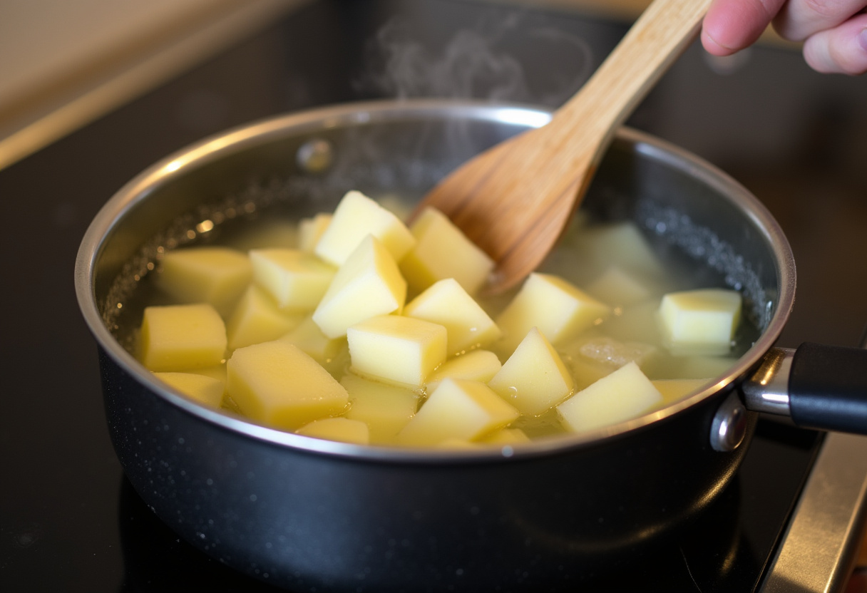 Preparation of Mexican Potatoes with diced potatoes simmering in boiling water, a comforting and flavorful dish.