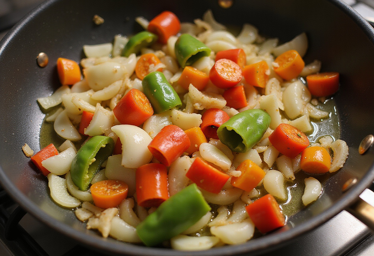 Sautéing colorful vegetables for Mexican Potatoes in a frying pan, adding depth and flavor to the dish.
