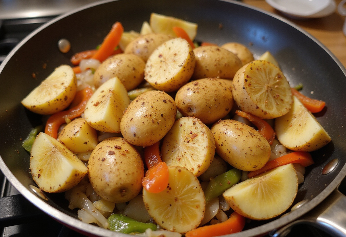 Combining seasoned potatoes with sautéed vegetables for a delicious Mexican Potato dish, showcasing a hearty meal preparation.