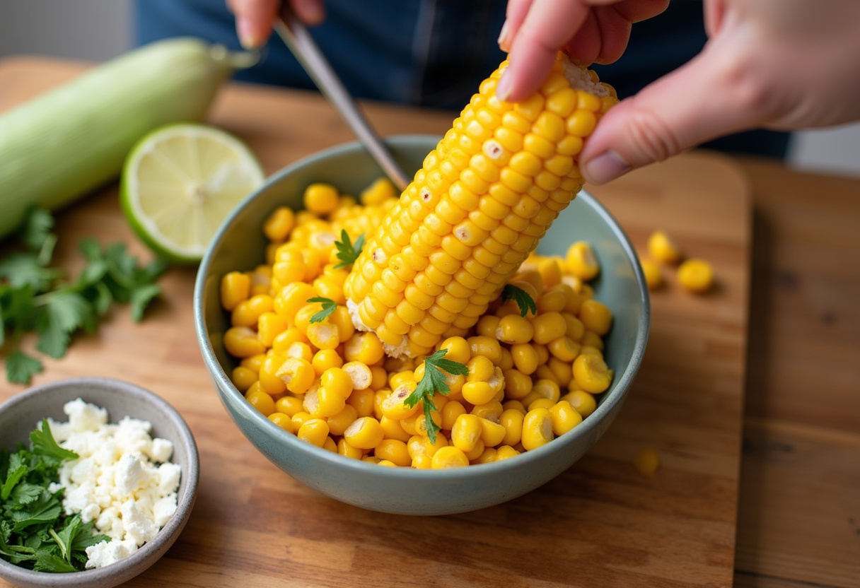 Preparing ingredients for Mexican Street Corn Dip, featuring cut grilled corn, cilantro, and feta cheese on a wooden cutting board.