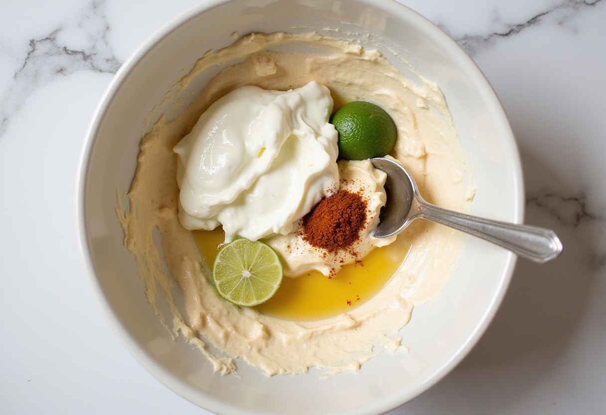 Making the creamy component of Elote Dip by mixing sour cream, mayonnaise, lime, and spices in a bowl.