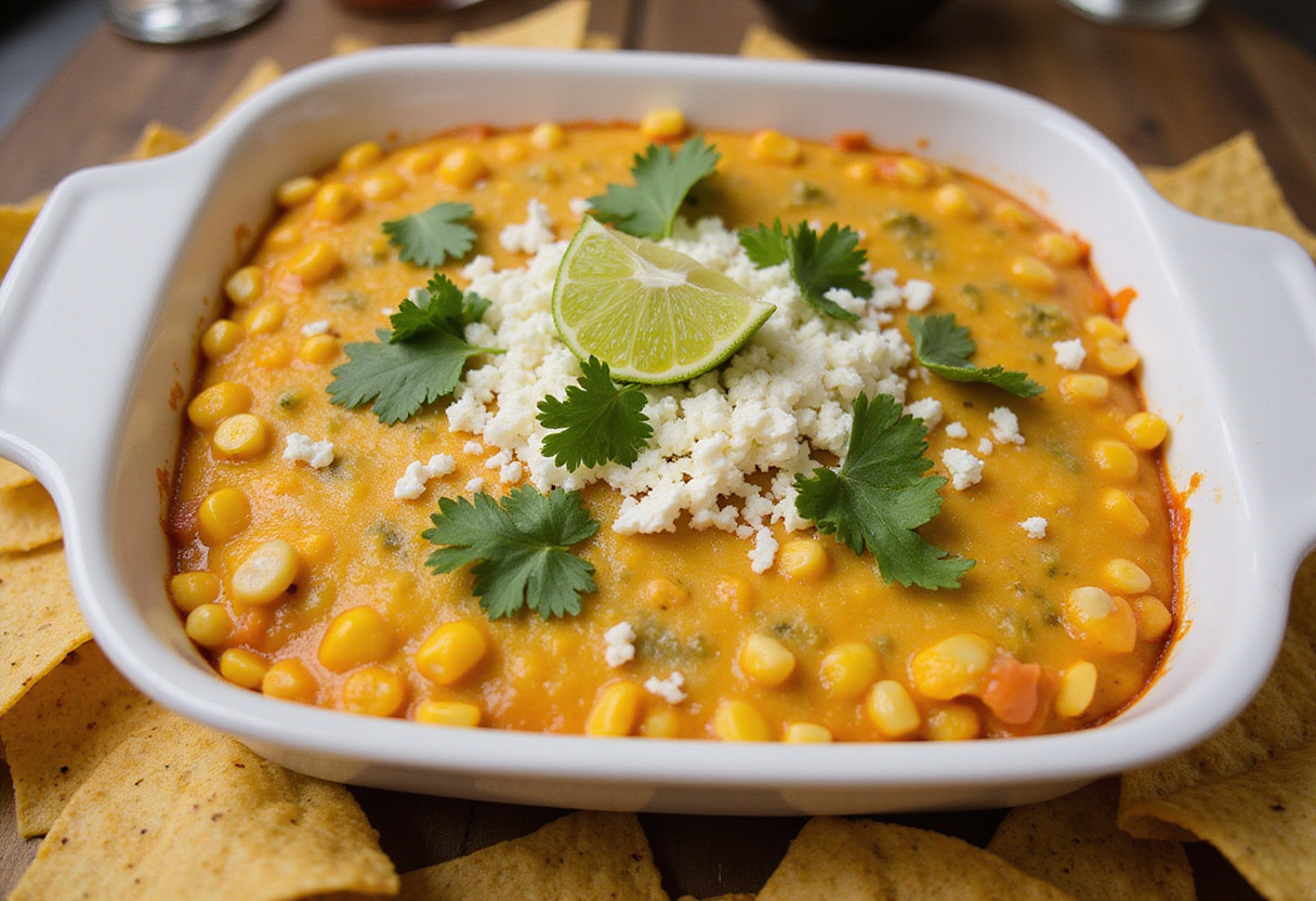 Serving Mexican Street Corn Dip with tortilla chips, garnished with cilantro and cotija cheese, ready for enjoying.