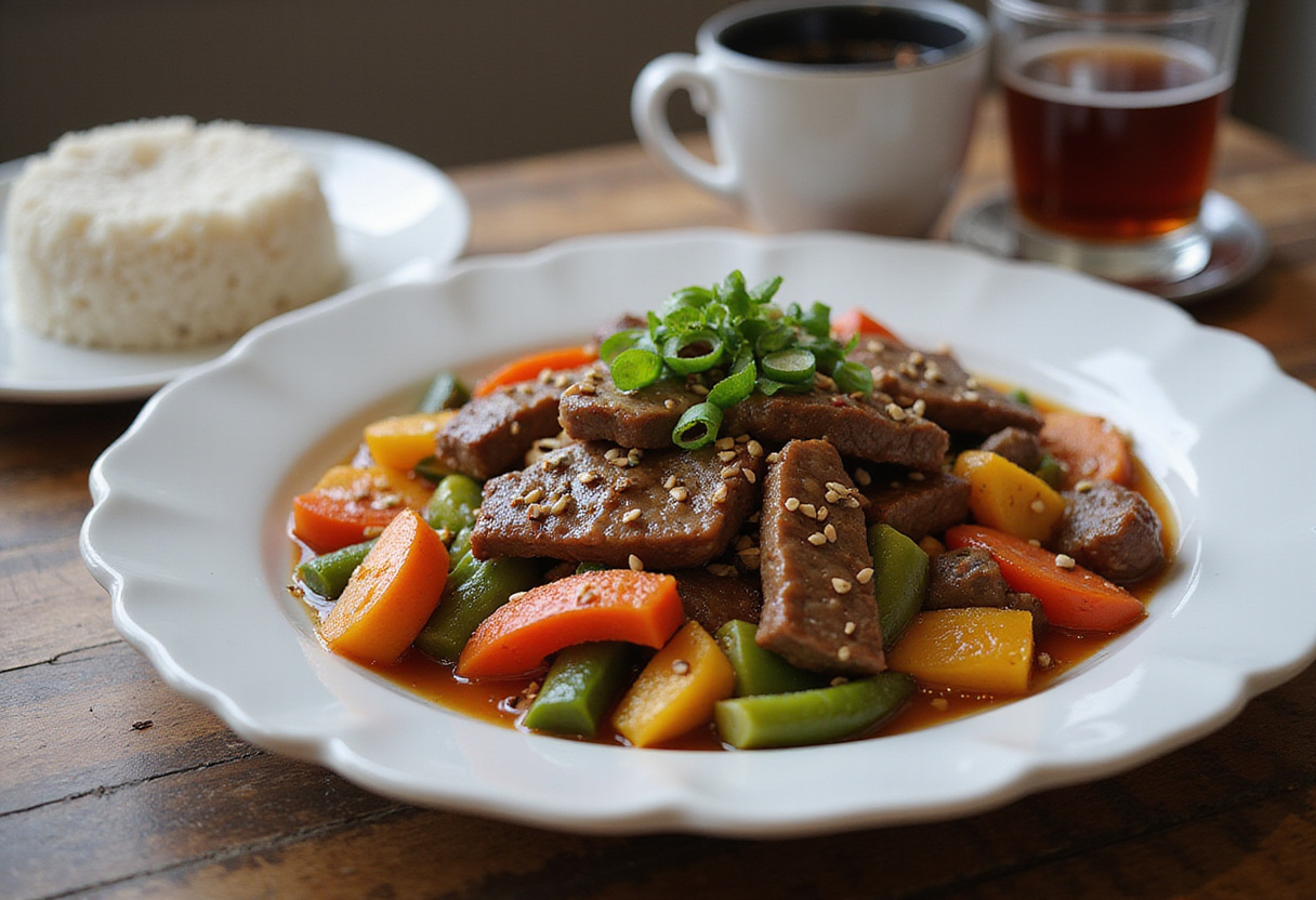 final presentation of minute beef stir fry with vegetables and rice on plate