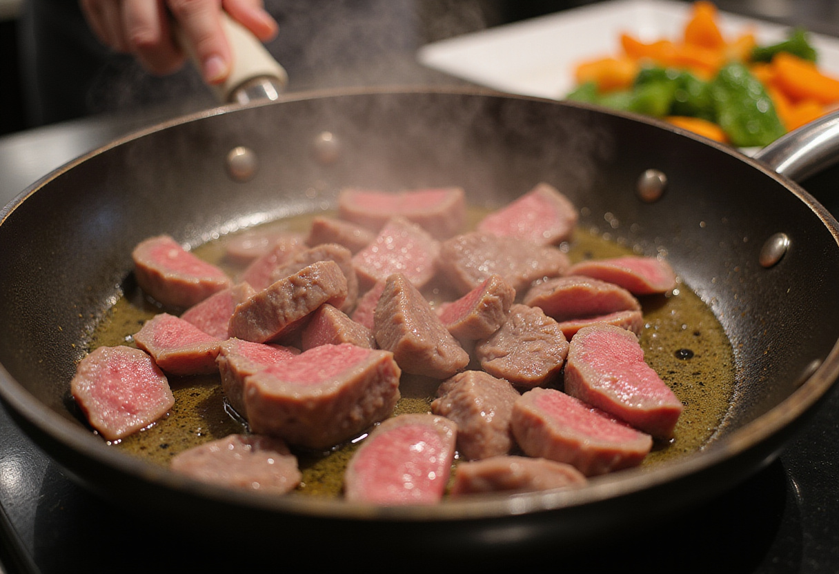 sizzling beef in skillet for minute beef stir fry with fresh vegetables