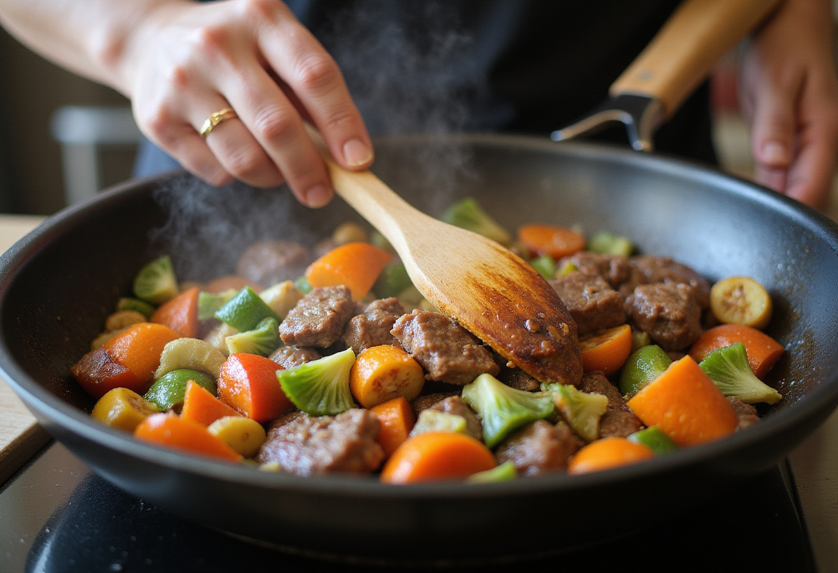 adding fresh vegetables to beef stir fry in skillet for quick cooking