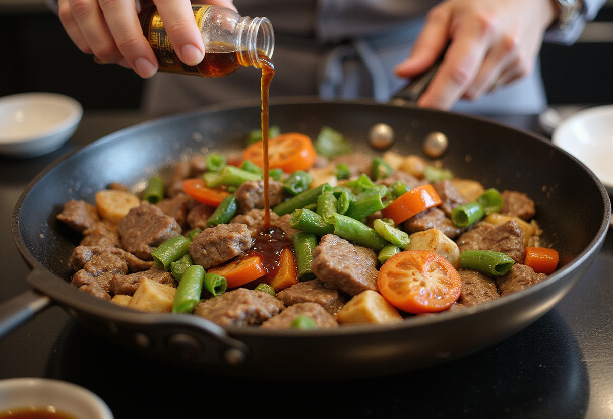 drizzling soy sauce over beef stir fry with vegetables in skillet