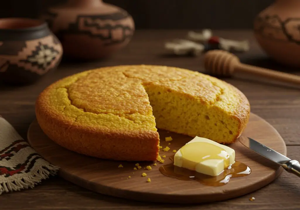 Deliciously baked Navajo Cornbread served with butter and honey on a rustic wooden table.