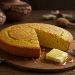 Deliciously baked Navajo Cornbread served with butter and honey on a rustic wooden table.