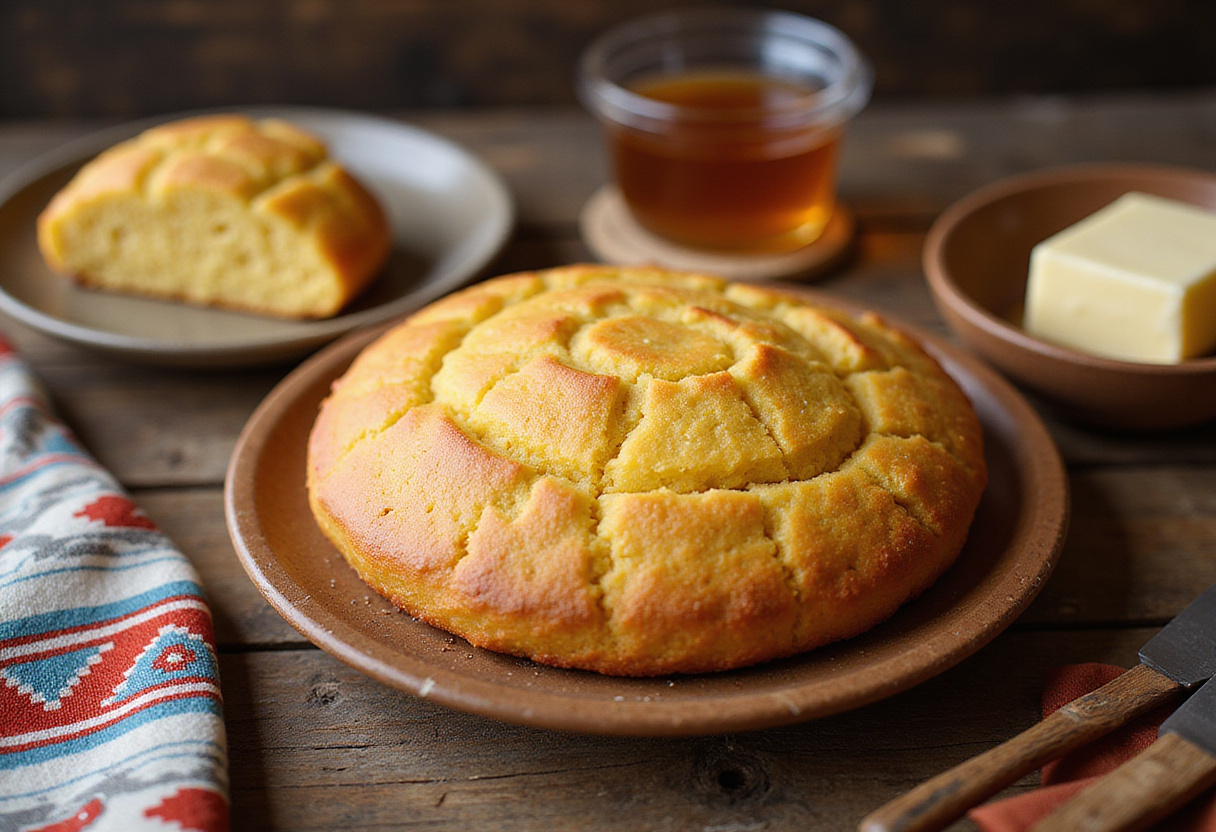 Deliciously baked Navajo Cornbread served with butter and honey on a rustic wooden table.
