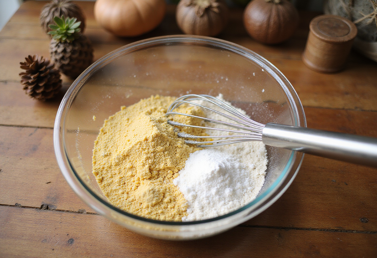 Mixing ingredients for Navajo Cornbread with cornmeal and flour on a rustic countertop.