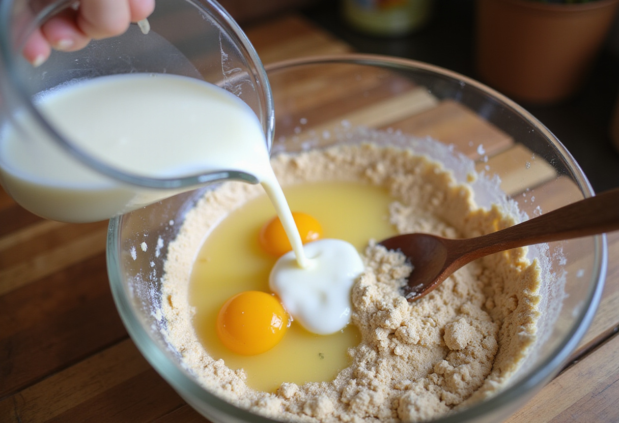 Combining buttermilk and egg mixture for Navajo Cornbread batter in a cozy kitchen.