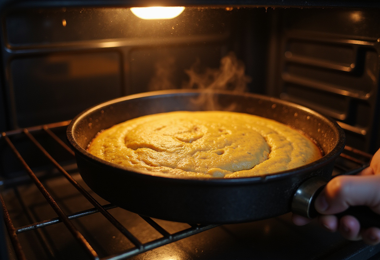 Placing Navajo Cornbread batter into the oven for baking in a warm kitchen atmosphere.