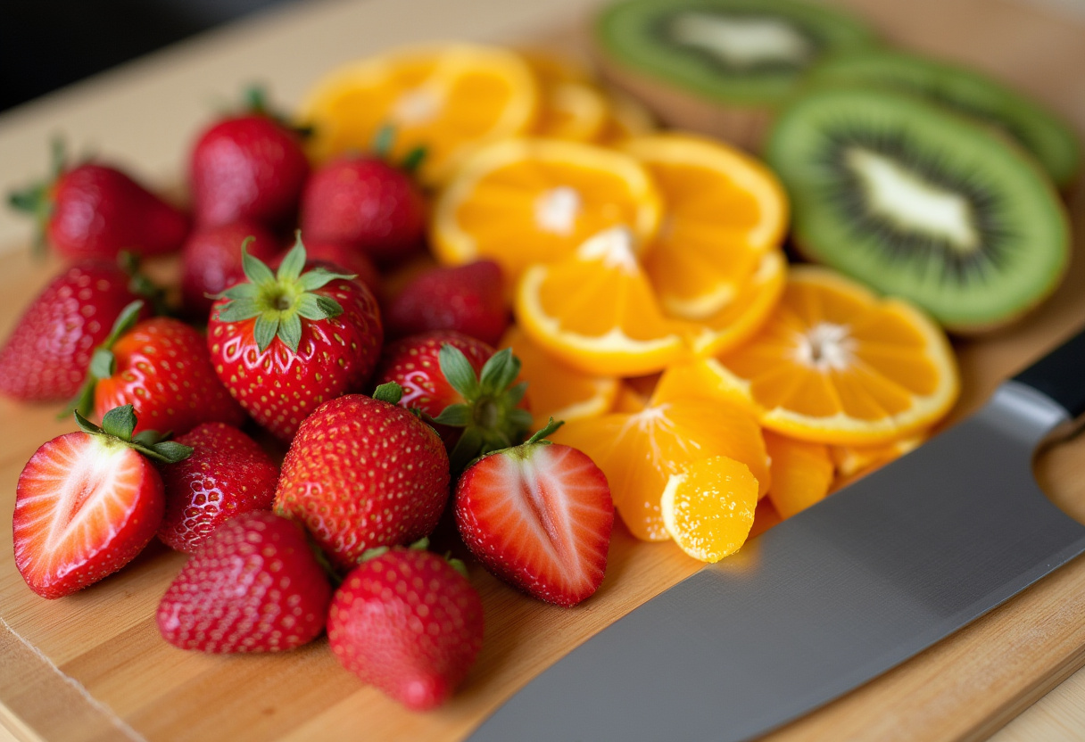 Fresh fruits like strawberries, kiwi, and orange for making a refreshing No-Cook Fruit-Chili Mocktail or infused water.