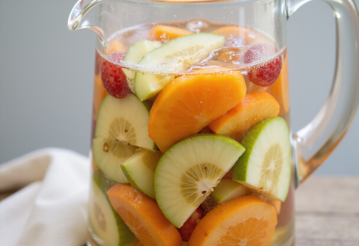Colorful fruits layered in a glass pitcher for a delicious No-Cook Fruit-Chili Mocktail or infused water.