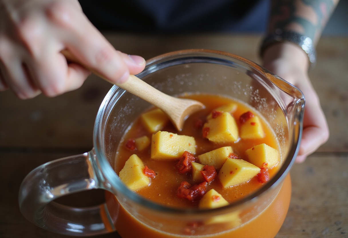 Stirring a refreshing No-Cook Fruit-Chili Mocktail or infused water to blend the flavors of fresh fruits and chili.