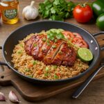 Final presentation of One-Pan Bold Honey BBQ Chicken Rice on a wooden table, showcasing a hearty and flavorful meal.