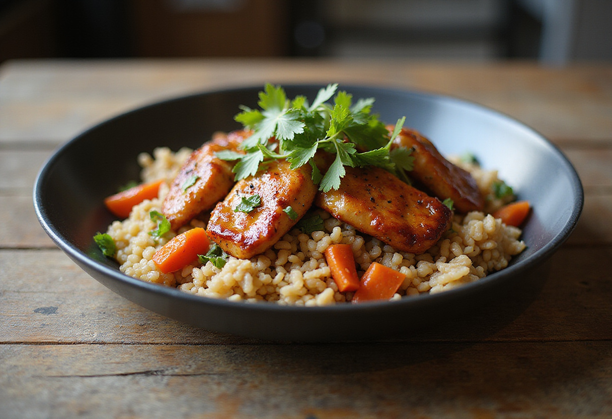 Final presentation of One-Pan Bold Honey BBQ Chicken Rice on a wooden table, showcasing a hearty and flavorful meal.