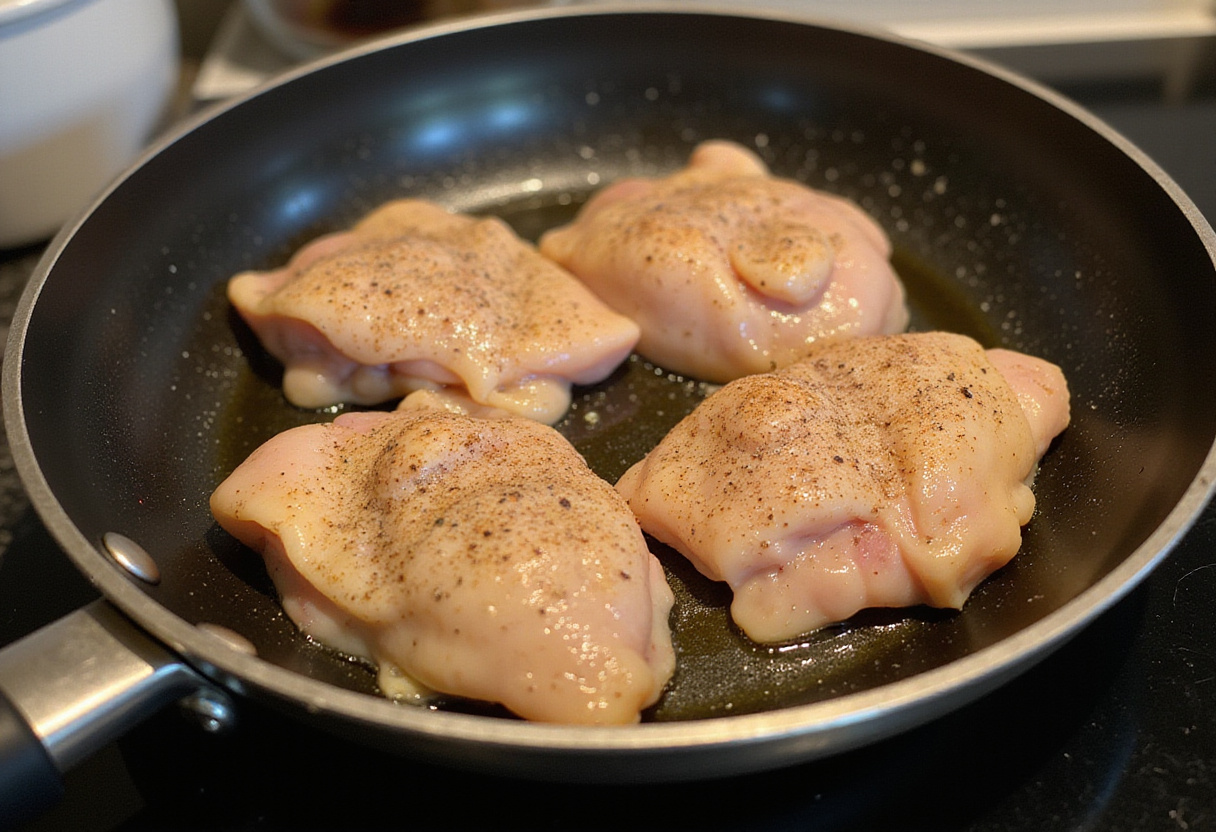 Cooking seasoned chicken for One-Pan Bold Honey BBQ Chicken Rice with a savory sizzle in a skillet.