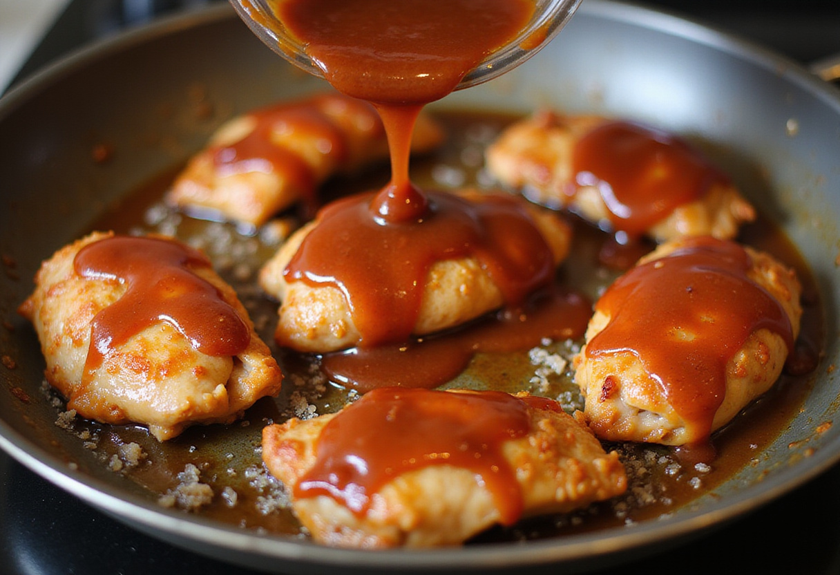 Adding a rich honey BBQ sauce to the chicken for One-Pan Bold Honey BBQ Chicken Rice, enhancing the flavor.