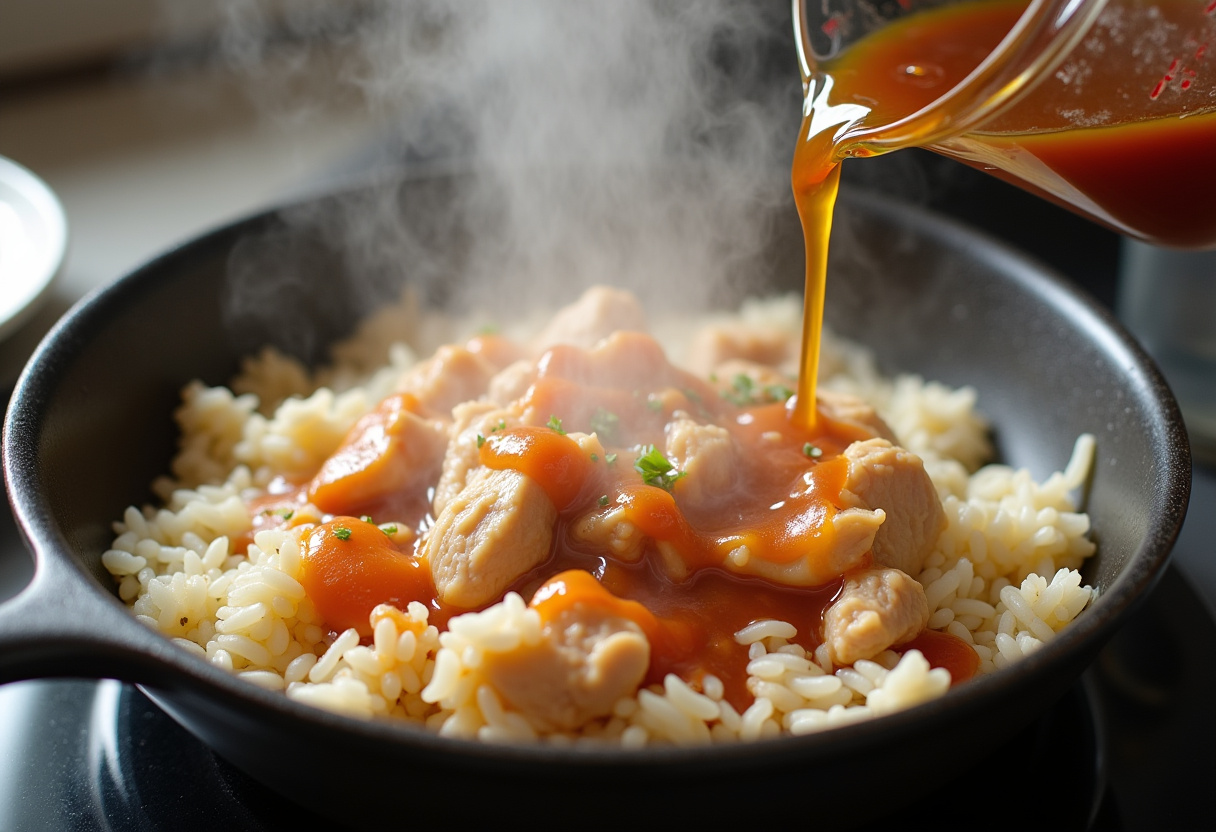 Incorporating rice into the simmering chicken and honey BBQ sauce for a delicious One-Pan Bold Honey BBQ Chicken Rice.