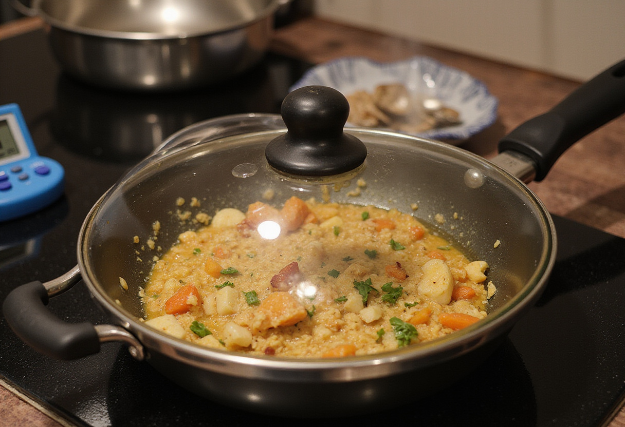 Simmering One-Pan Bold Honey BBQ Chicken Rice with a lid on for perfect cooking and flavor infusion.