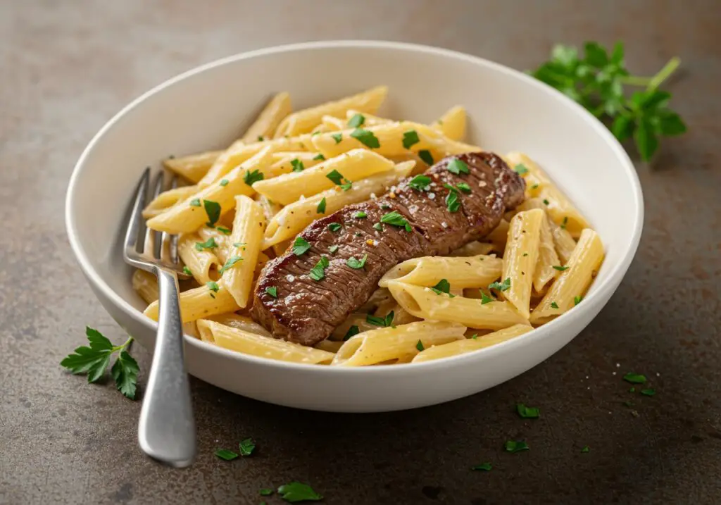 Final presentation of One-Pot Creamy Spicy Garlic Butter Steak & Pasta, showcasing the creamy dish with herbs and a fork for the perfect serving.