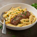 Final presentation of One-Pot Creamy Spicy Garlic Butter Steak & Pasta, showcasing the creamy dish with herbs and a fork for the perfect serving.