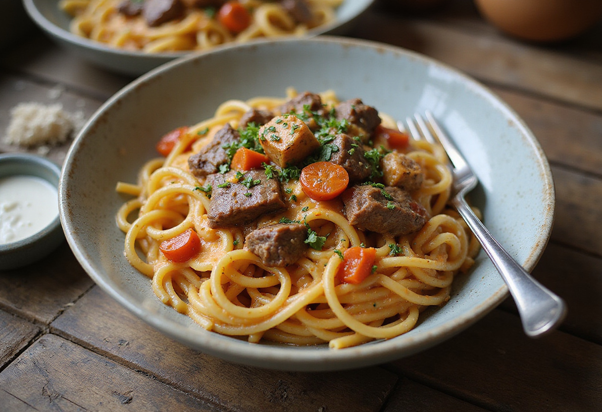 Final presentation of One-Pot Creamy Spicy Garlic Butter Steak & Pasta, showcasing the creamy dish with herbs and a fork for the perfect serving.