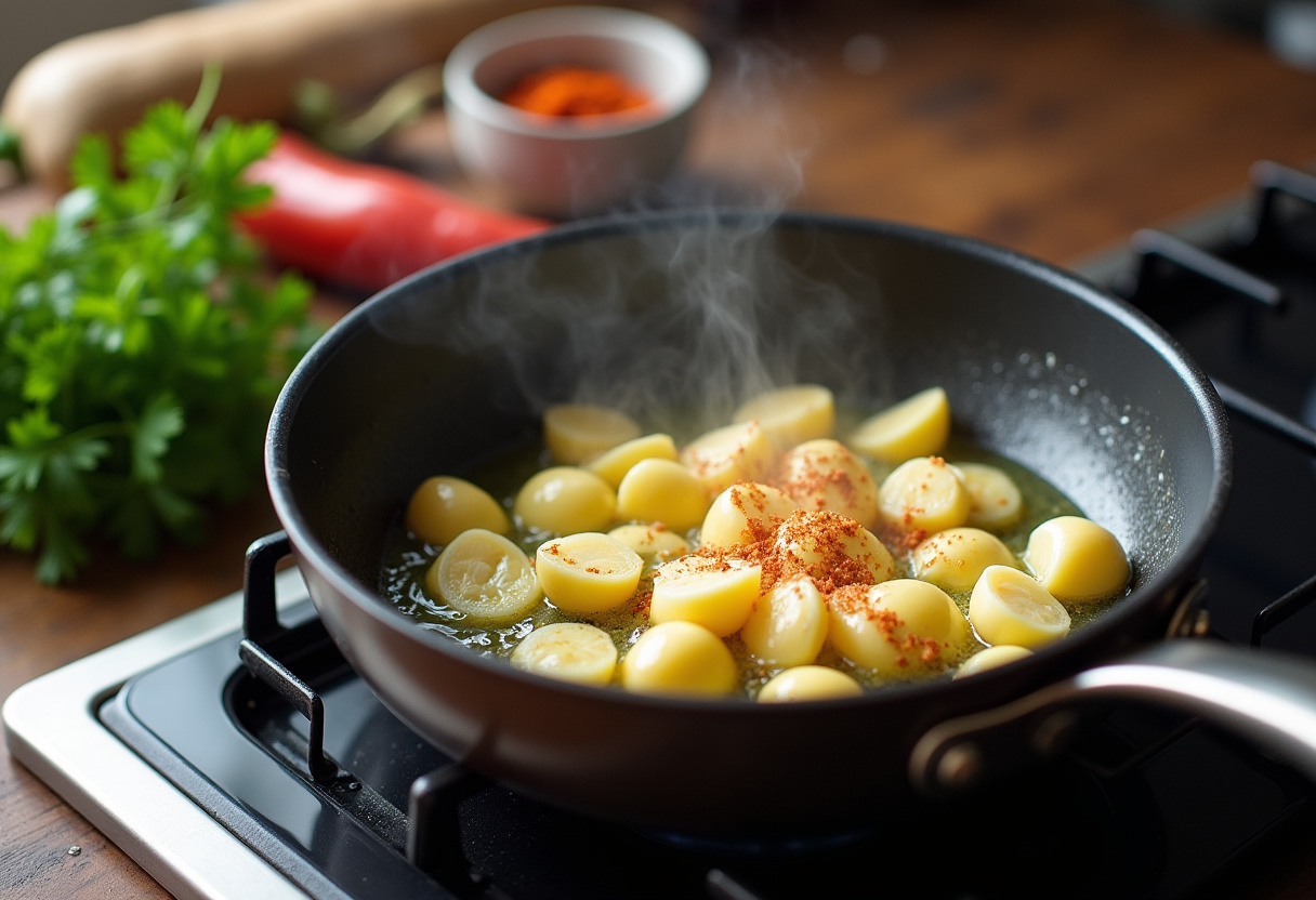 Preparing flavorful garlic butter for One-Pot Creamy Spicy Garlic Butter Steak & Pasta with sizzling garlic and chili flakes.