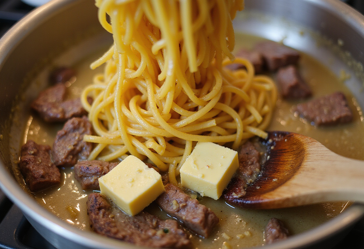 Combining pasta and steak in rich garlic butter for One-Pot Creamy Spicy Garlic Butter Steak & Pasta, emphasizing creamy texture and flavor.