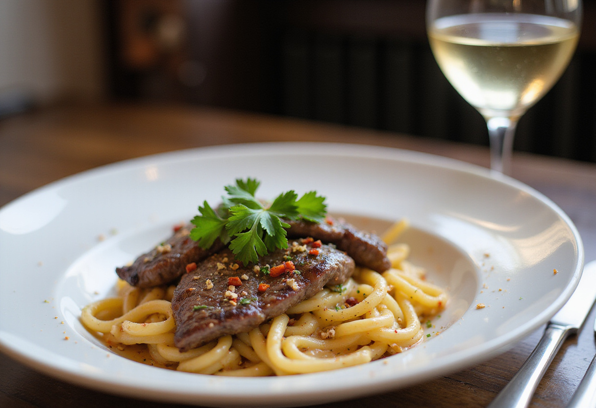 Plating the flavorful One-Pot Creamy Spicy Garlic Butter Steak & Pasta, highlighting the creamy dish garnished with parsley and chili flakes.